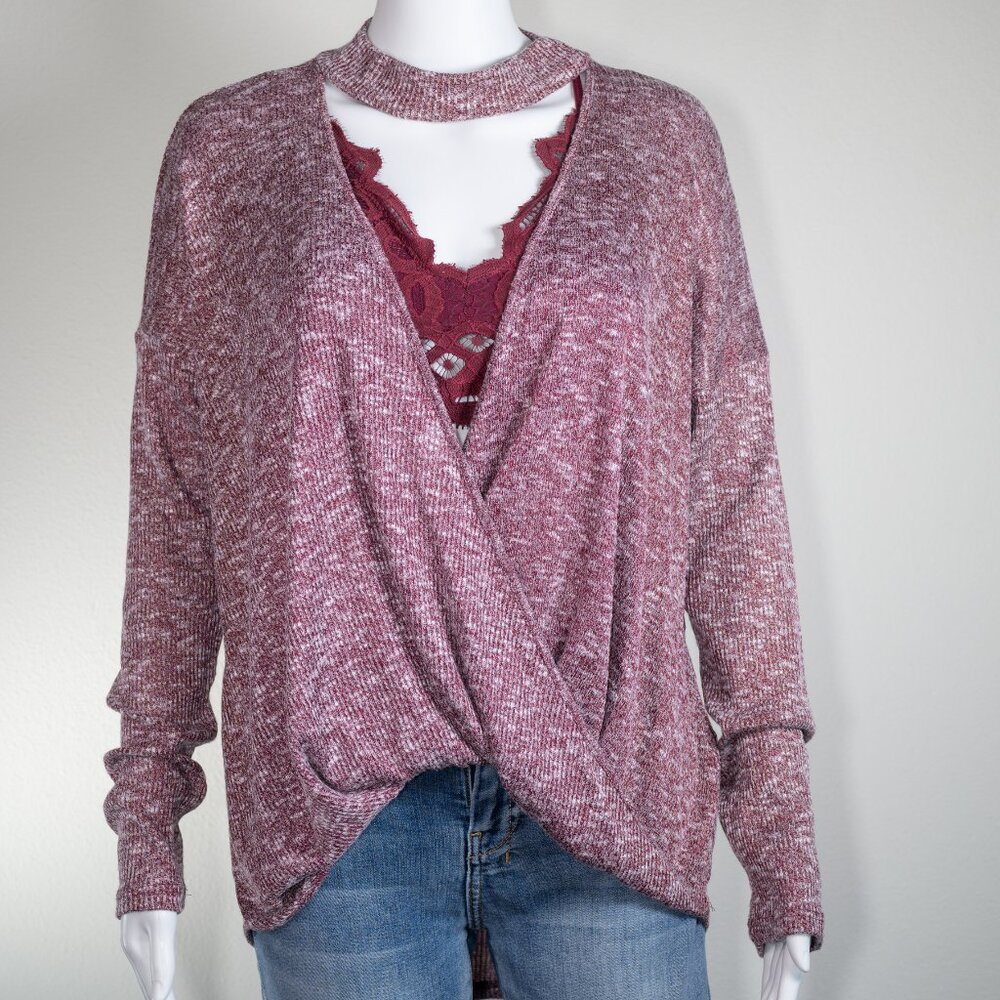 LIME LUSH: Burgundy and White Surplice Knit Top with Choker Neckline